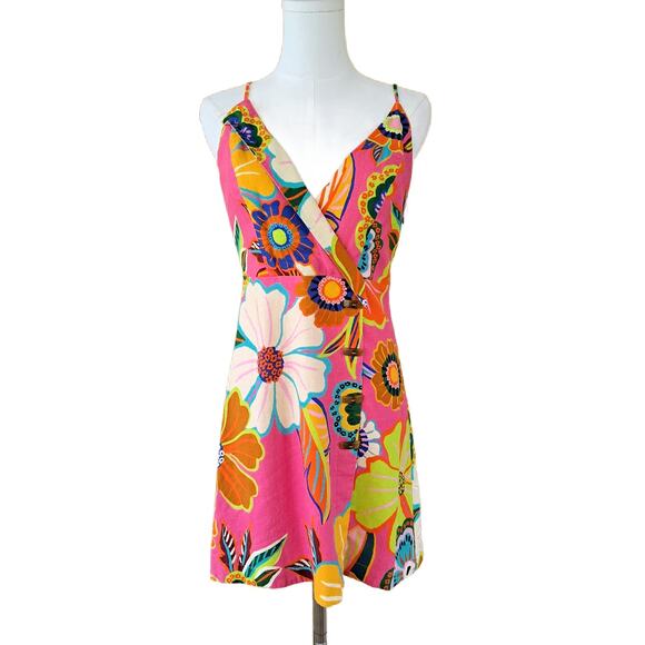 FARM RIO Pink Linen-blend Floral Garden Mini Wrap Dress Small Beachy Boho - Picture 2 of 14